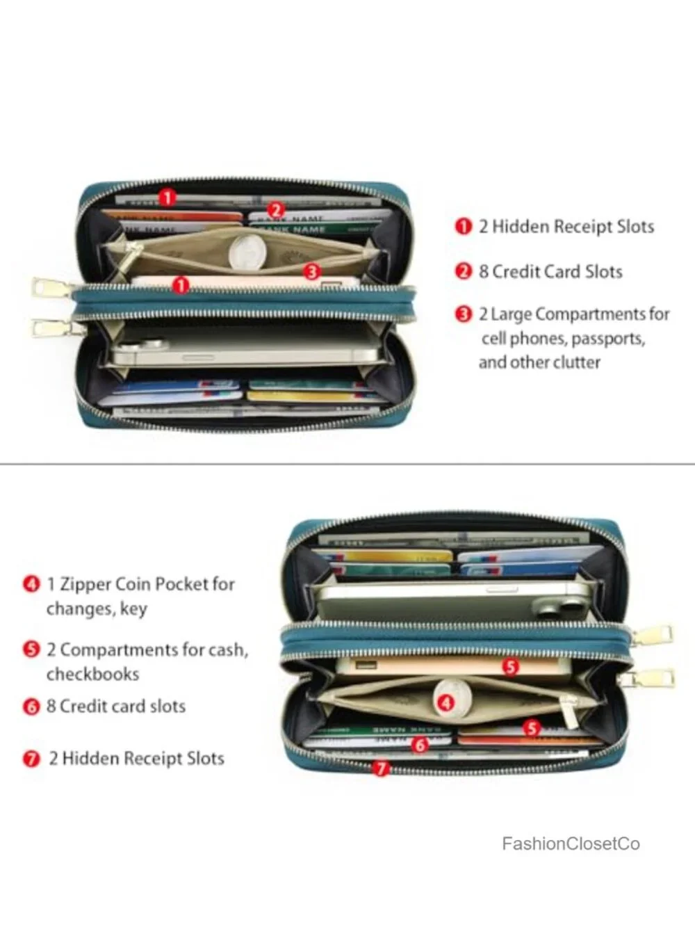 Large Capacity Double Zip Wristlet Leather RFID Blocking Wallet